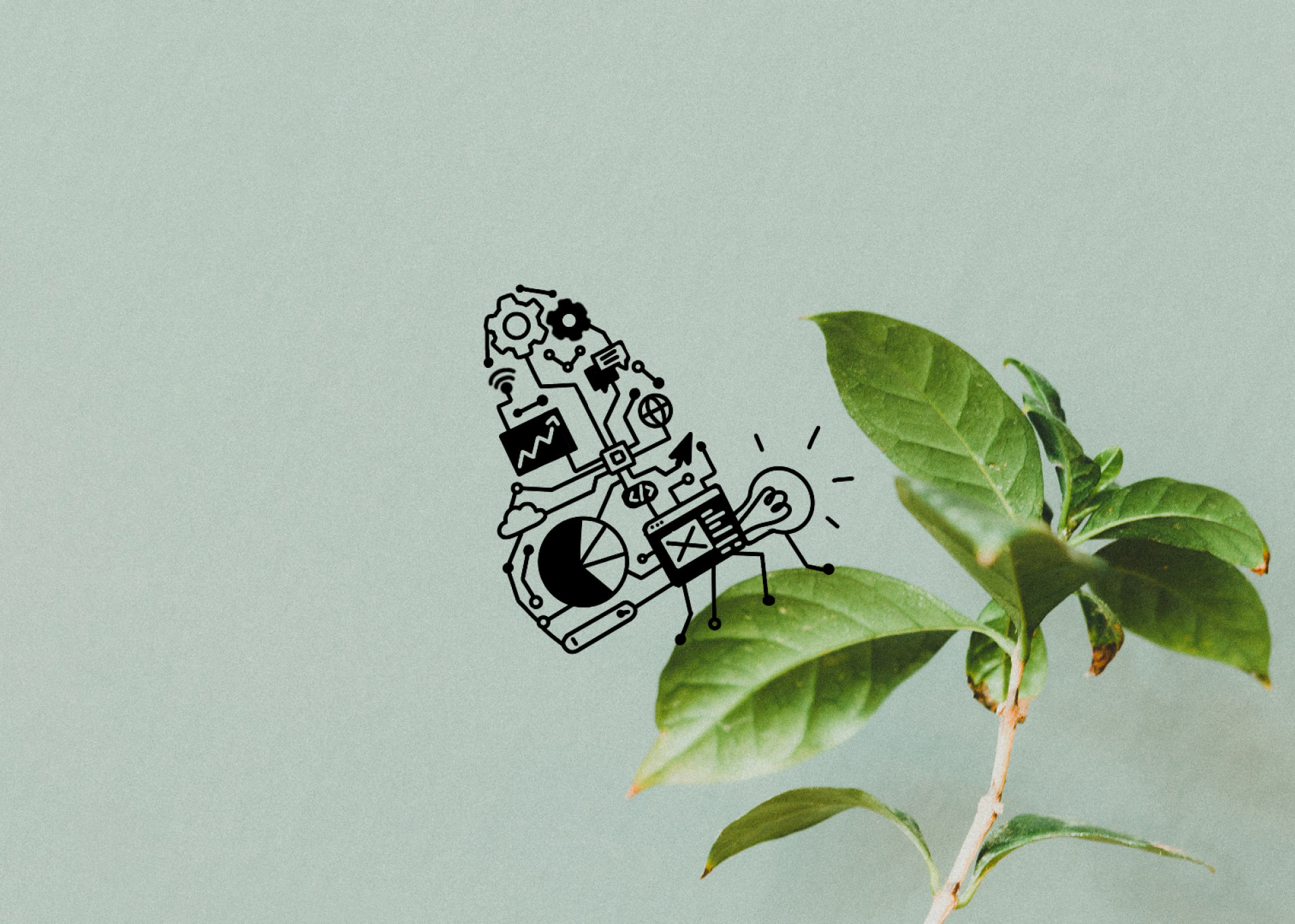 Ast mit Blättern auf den ein Schmetterling aus digitalen Illustrationen sitzt