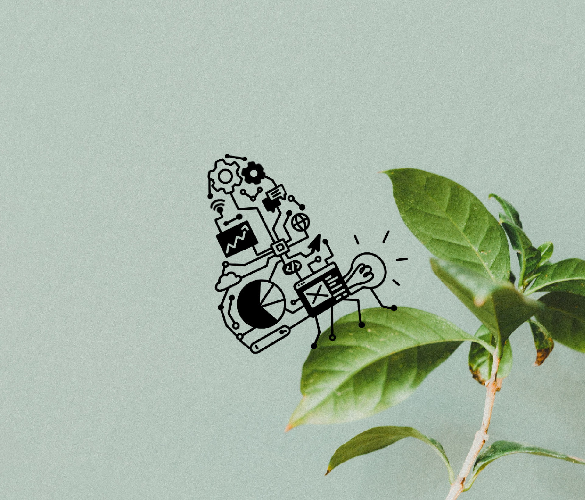 Ast mit Blättern auf den ein Schmetterling aus digitalen Illustrationen sitzt