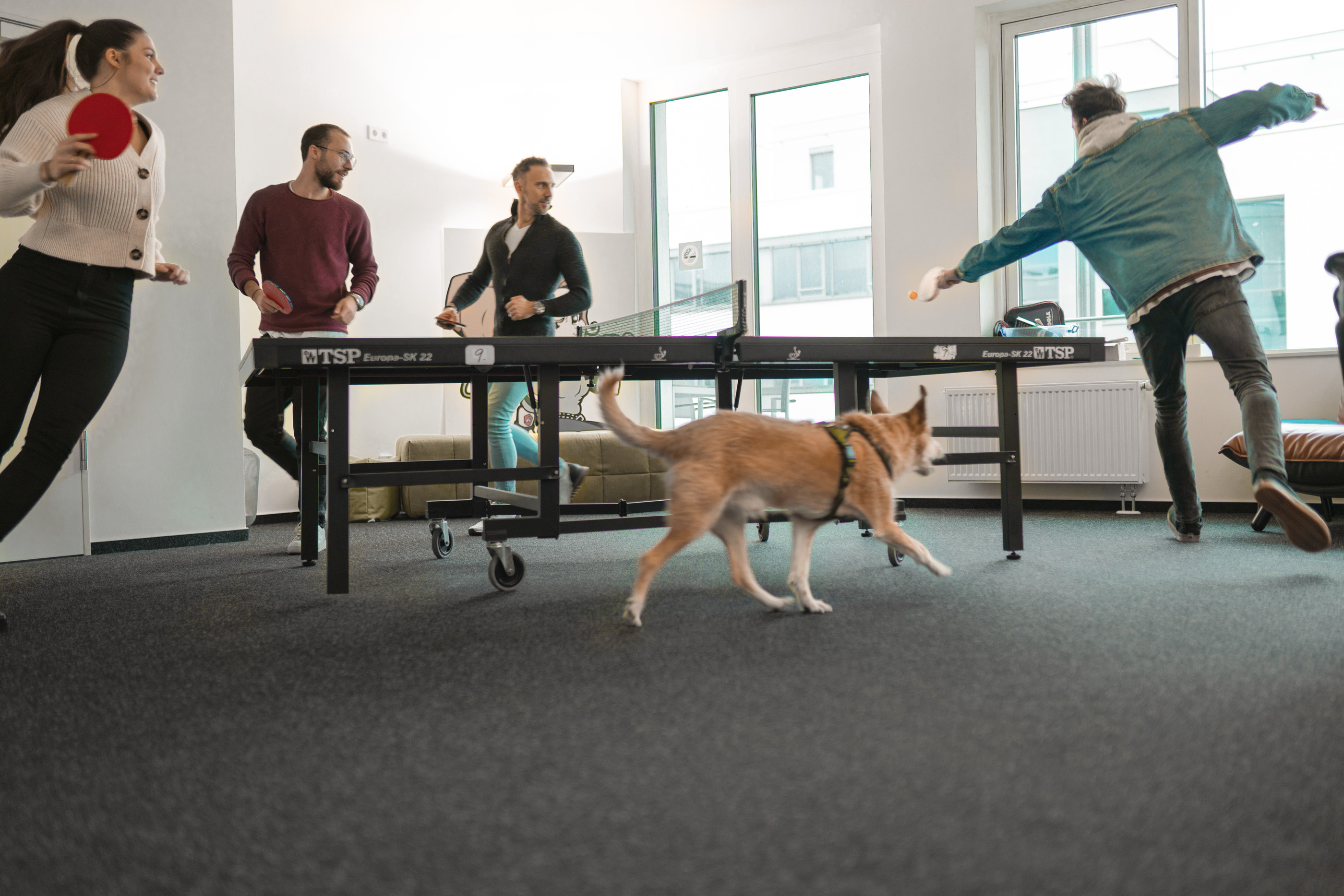 aartin seyfarth and team playing table tennis in the office