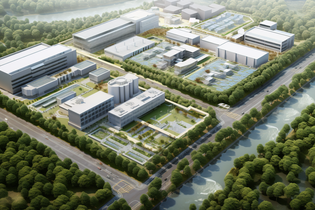 a photorealistic for sustainability in the economy, showing factories, social living and nature from birds eye