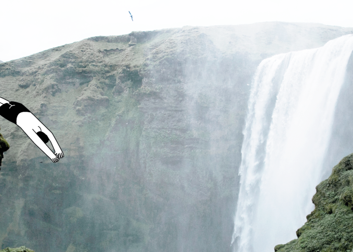 Ein illustrierter Mensch springt von einer Klippe in einen Wasserfall, symbolisierend den Sprung in ein neues Projekt oder eine neue Produktentwicklung