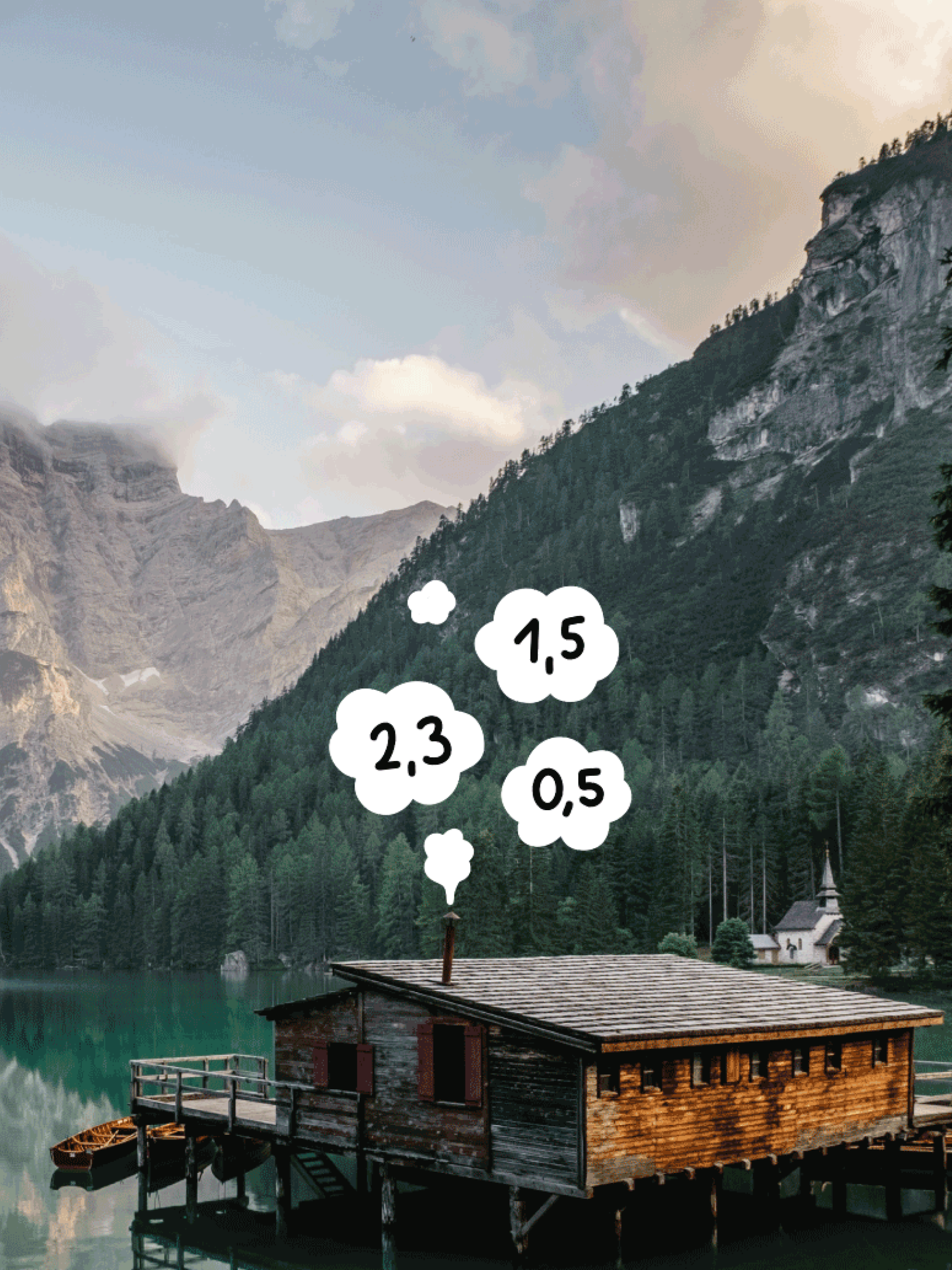 Holzhaus an Bergsee, aus Schornstein kommende Wolken mit Zahlen