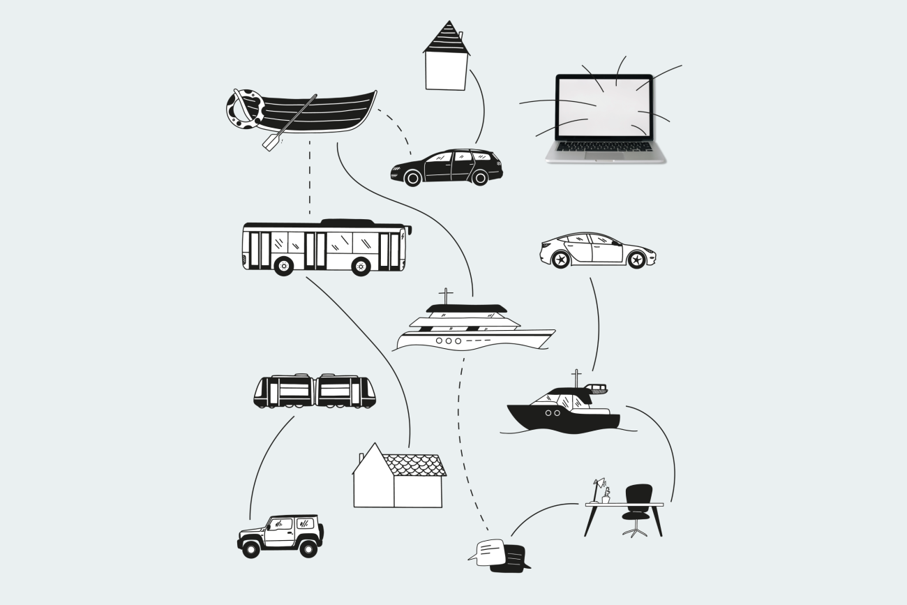 Illustration Boot, haus Auto, Notebook, Bus, Yacht, Schreibtisch und Zug mit Verbindungslinien