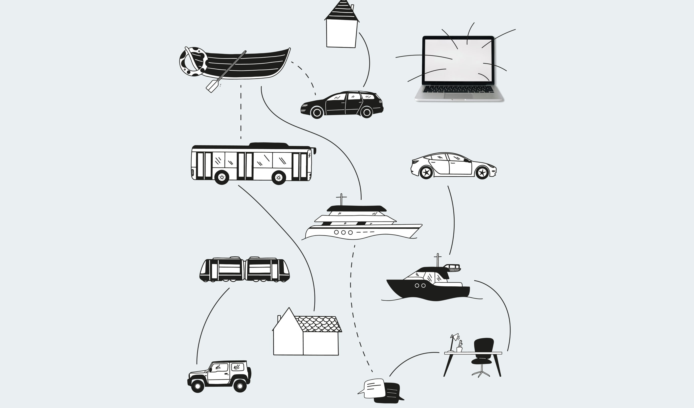 Illustration Boot, haus Auto, Notebook, Bus, Yacht, Schreibtisch und Zug mit Verbindungslinien