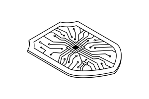 Isometric digital security shield with circuit board pattern and microchip
