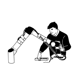 Illustration of a person working with an industrial robotic arm, symbolizing human-machine collaboration, automation, and modern manufacturing