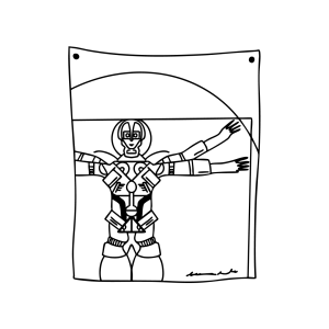 Stylized humanoid robot in a Vitruvian Man pose inspired by Da Vinci, symbolizing technology, artificial intelligence, and the intersection of humans and machines