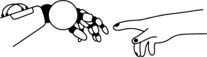 Stylized illustration of a human hand and a robotic hand reaching toward each other, symbolizing collaboration between humans and artificial intelligence