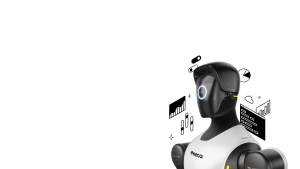 Futuristic humanoid robot with Exxeta branding, representing artificial intelligence, data analytics, and automated enterprise processes
