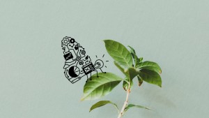 Ast mit Blättern auf den ein Schmetterling aus digitalen Illustrationen sitzt