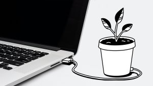 Blumentop der mit einem Kabel an einen Laptop angeschlossen ist