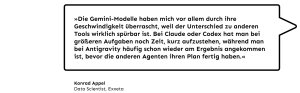 „Die Gemini-Modelle haben mich vor allem durch ihre Geschwindigkeit überrascht, weil der Unterschied zu anderen Tools wirklich spürbar ist. Bei Claude oder Codex hat man bei größeren Aufgaben noch Zeit, kurz aufzustehen, während man bei Antigravity häufig schon wieder am Ergebnis angekommen ist, bevor die anderen Agenten ihren Plan fertig haben.", Konrad Appel, Data Scientist