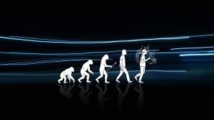 darstellung der verschiedenen evolutions phasen, vom Affen zum Menschen mit einer neuen Phase, die einen Menschen umgeben von screens zeigt