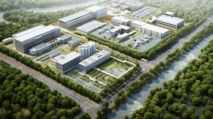 a photorealistic for sustainability in the economy, showing factories, social living and nature from birds eye