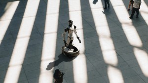 Humanoider Serviceroboter auf Rädern bewegt sich zwischen Fußgängern in einem öffentlichen Gebäude, Vogelperspektive mit dramatischen Sonnenschatten auf gefliestem Boden