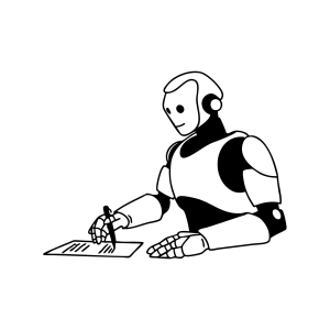 Illustration eines humanoiden Roboters, der schreibt, als Symbol für KI-gestützte Texterstellung, Automatisierung und digitale Assistenz